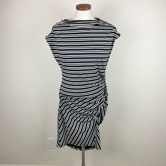 Anthropologie Mock-Neck Striped Ribbed Knit Dress - Black & White - Picture 2 of 7